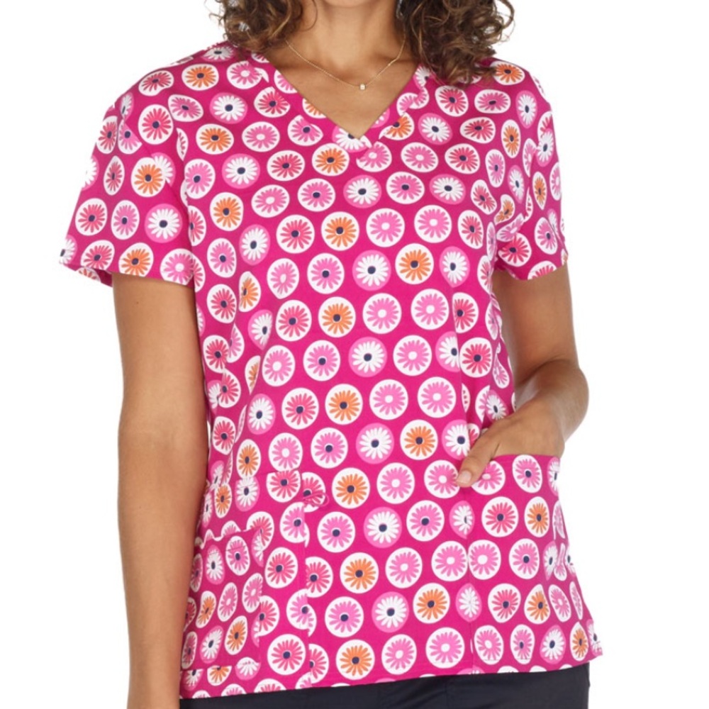 NWT Women's 2X Dark Pink Floral Print Scrubfinity Basix Scrub Top